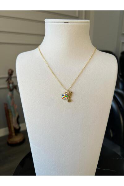 Store İ Harf Kolye Çiçek Charmlı Çelik Zincirli