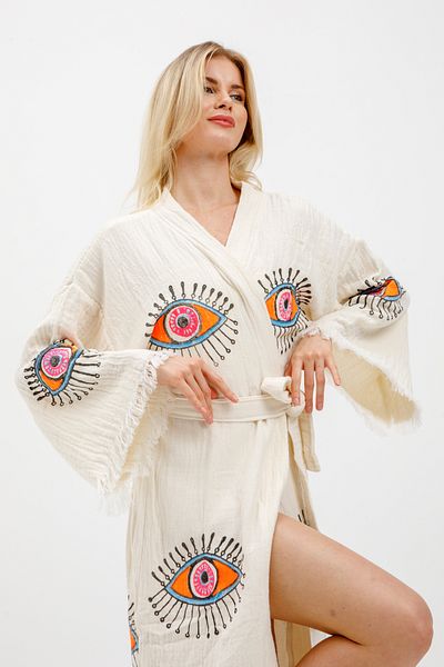 Befera Design Muslin Kimono 100% Cotton Eye Printed Patterned Bathrobe Kaftan Dressing Gown