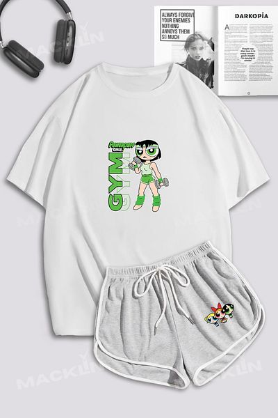 macklin Women's Powerpuff Girls Buttercup Gym Printed Oversize T-Shirt and Bias Slit Detailed Mini Shorts