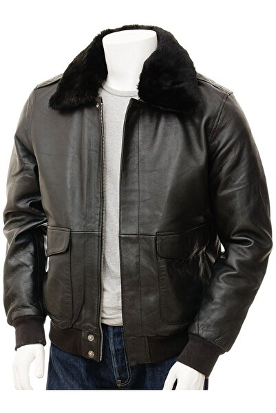 DeriWork Hakiki Kuzu Derisi Yakası Kürklü Pilot Erkek Deri Ceket Siyah