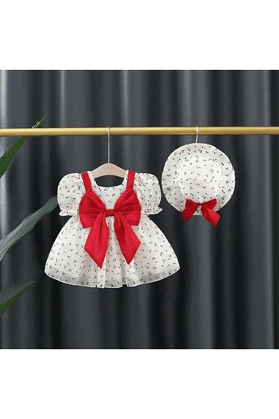nannie White Girl Dress With Cherry Hat - 3-4 years