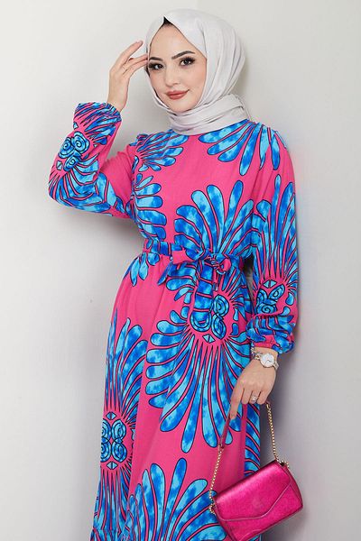 hafsamina Almina Patterned Summer Viscose Dress Fuchsia Hm2707