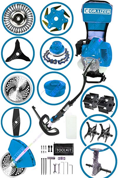 Graizer 11 In 1 Setli Sirt Tipi Benzinli Motorlu Ot Çalı Tırpanı Çim Biçme Makinesi Tırpan 11 Parça