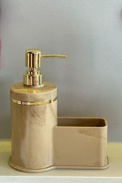 Makri Stylish Gold Color Detailed Liquid Soap Dispenser with Sponge Holder for Kitchen or Bathroom, Domestic Production