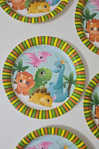 PEKSHOP Dinazor Tema Karton Tabak Yuvarlak 8 Adetli Paket