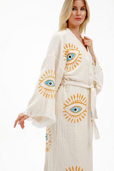 Befera Design Muslin Kimono 100% Cotton Eye Printed Patterned Bathrobe Kaftan Dressing Gown