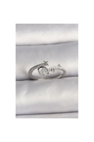 Skygo Zircon Stone White Enamel Star Detail Adjustable Women's Ring