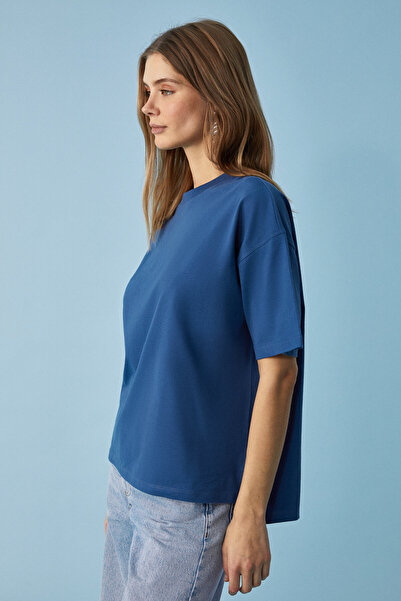 GRIMELANGE Jemmy Women's 100% Organic Cotton Relaxed Fit Slit Round Neck Navy Blue T-Shirt