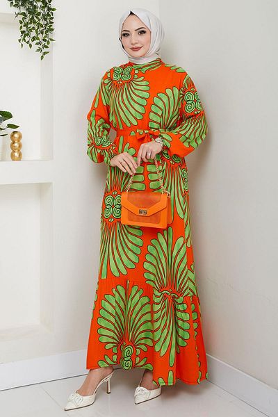 hafsamina Almina Patterned Summer Viscose Dress Orange Hm2707