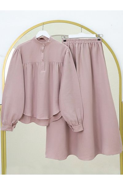 Modamorfo Oval Cut Stand Collar Blouse Skirt, Set - Powder