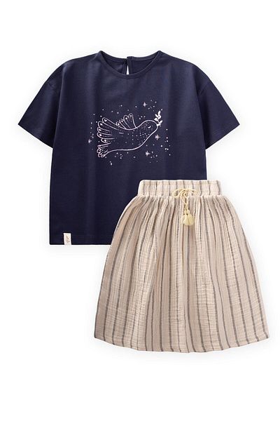 Cigit Bird Printed Stone Detailed Muslin Skirt Set 2-8 Years Dark Blue