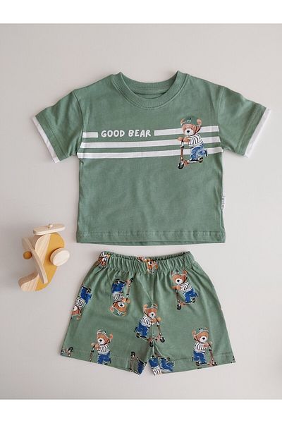 damdamin 100% Cotton "Good Bear" Text and Teddy Bear Printed Tshirt&Shorts Set