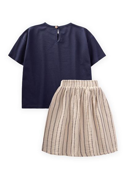 Cigit Bird Printed Stone Detailed Muslin Skirt Set 2-8 Years Dark Blue