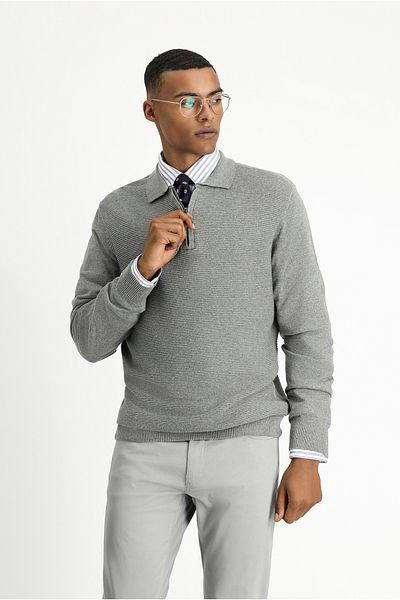 Kiğılı Polo Neck Regular Fit Zippered Patterned Cotton Knitwear Sweater