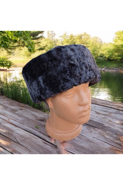 AbbasShop قبعة فاس وقبعة بيريه من الجلد الطبيعي باللون الأسود مع قبعة كالباي القوقازية