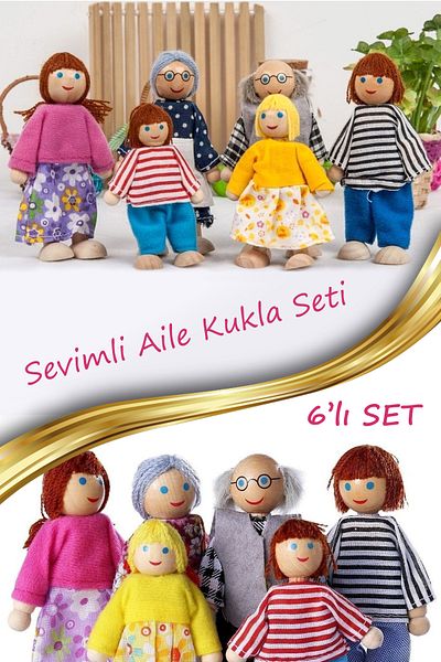 Bundera Set of 6 Wooden Puppet Family Set Toy Preschool Handmade Montessori Kids Wooden Puppet for Doll House
