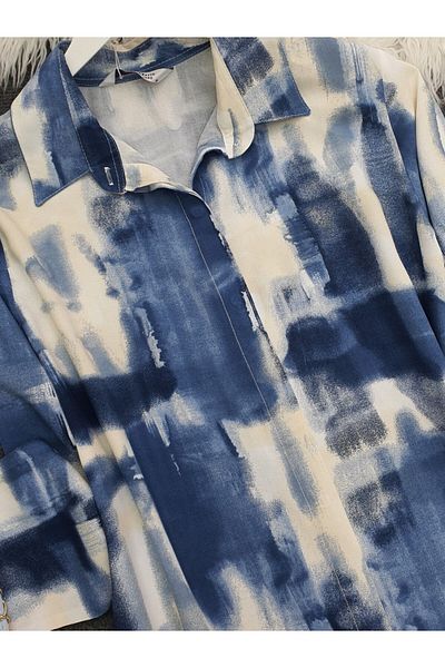 Modamorfo Ice Blue Buttoned Patterned Viscose Tunic