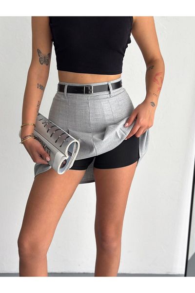 MİSPİER Women's Pleated Belted Woven Shorts Skirt