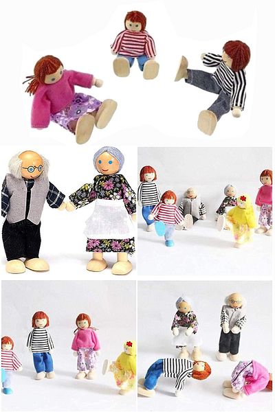 Bundera Set of 6 Wooden Puppet Family Set Toy Preschool Handmade Montessori Kids Wooden Puppet for Doll House