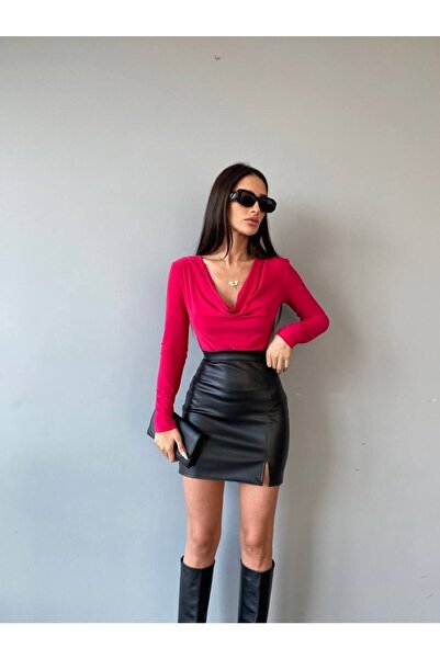 nazozturk boutique Μίνι Σχιστή Μαύρη Δερμάτινη Φούστα