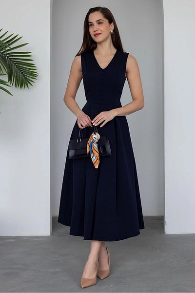 Lusin Rochie midi de damă bleumarin cu decolteu în V cu detaliu cu nasturi