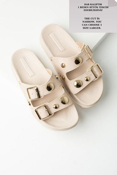 diclepolat Beige Women's Slippers - Flat Bottom, Buckle, Double Strap, Troy Olive Casual Design