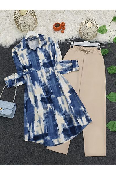 Modamorfo Ice Blue Buttoned Patterned Viscose Tunic
