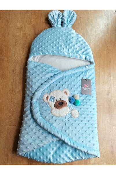 Mini Chics Mavi Nohutlu Kumaş Ayıcık Nakışlı Bebek Kundak 70×35