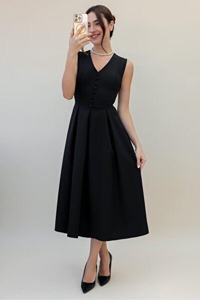 Lusin Women's Black V Neck Button Detail Midi Dress