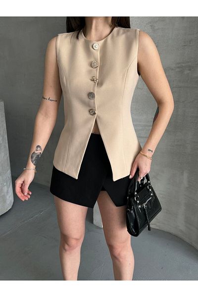İLKCET MODA Λεπτομέρεια με κουμπιά V Cut Μακρύ Γιλέκο