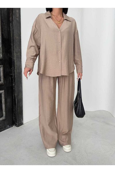 aytenli Shirt Collar Cuffed Sleeve Side Slit Shirt Elastic Waist Pocket Fitted Wide Cut Pants Suit