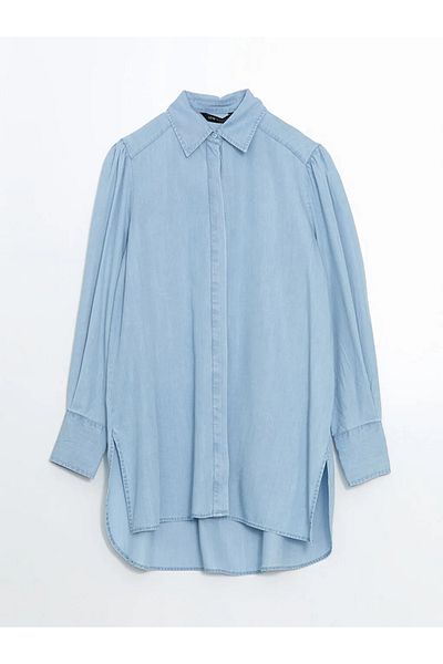 LC Waikiki LCW Modest النيلي قميص طية صدر السترة المرأة جان تونك