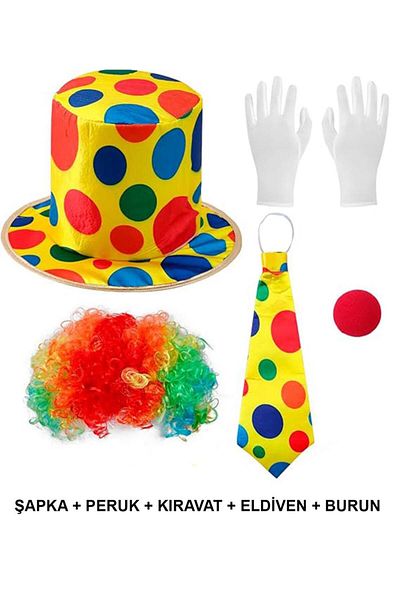 CPU ELEKTRONİK Colorful Clown Costume Set - 5 Pieces Accessories (Hat, Wig, Tie, Gloves, Nose)