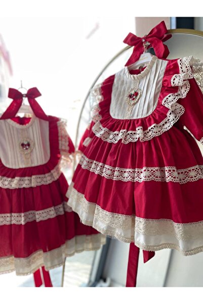 shopland Prenses Model Kırmızı Kız Çocuk Güpür Detaylı Vintage Özel Tasarım Bebek Abiye Elbise+ toka