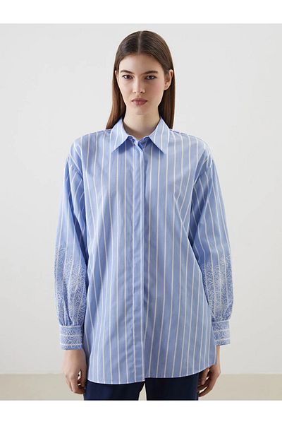 LC Waikiki Cămașă de damă LCW Modest Blue Striped Poplin Tunica