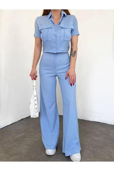 Giyim Gezegeni Women's Button Detailed Covered Crop Shirt and Trousers Double Suit New Season