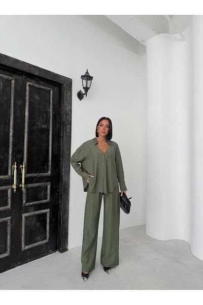 aytenli Shirt Collar Cuffed Sleeve Side Slit Shirt Elastic Waist Pocket Fitted Wide Cut Pants Suit