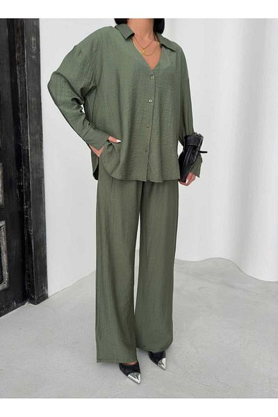 aytenli Shirt Collar Cuffed Sleeve Side Slit Shirt Elastic Waist Pocket Fitted Wide Cut Pants Suit
