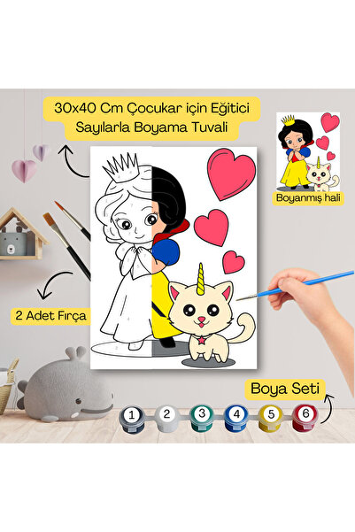 hediye hobim Çocuklar İçin Eğitici Sayılarla Boyama Seti Prenses–30x40 Tuval,...