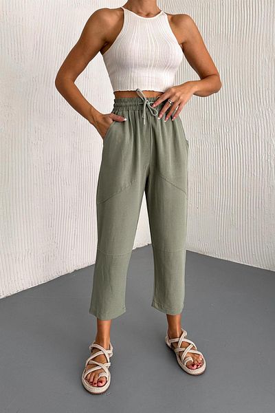 İstangül Butik Cotton Linen Fabric Carrot Trousers with Leg Pieces