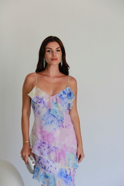 Julishop Lilac Blue Patterned Rope Strap Ruffle Detailed Lined Maxi Long Length Premium Dress