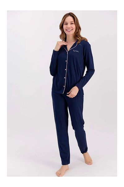 Pierre Cardin Navy Blue Long Sleeve, Front Buttoned Women's Pajama Suit R.O.Z..8.2.E.L.T.8.