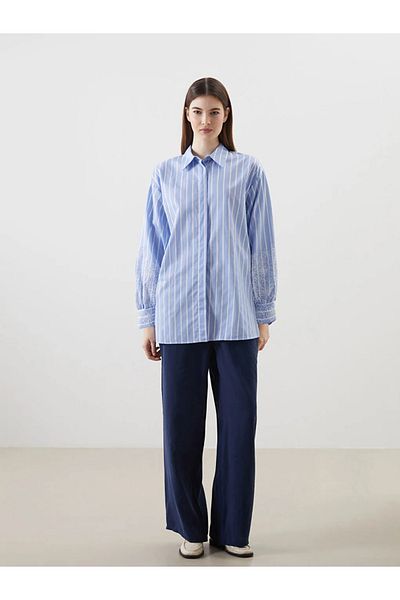 LC Waikiki Cămașă de damă LCW Modest Blue Striped Poplin Tunica