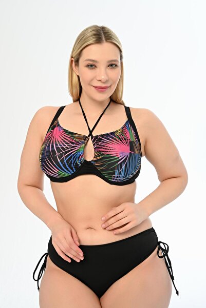 AQUAVİVA Aquaviva Kadın Büyük Beden Siyah Palmiye Desen Diana Toparlayıcı Sürgülü Bikini Takımı