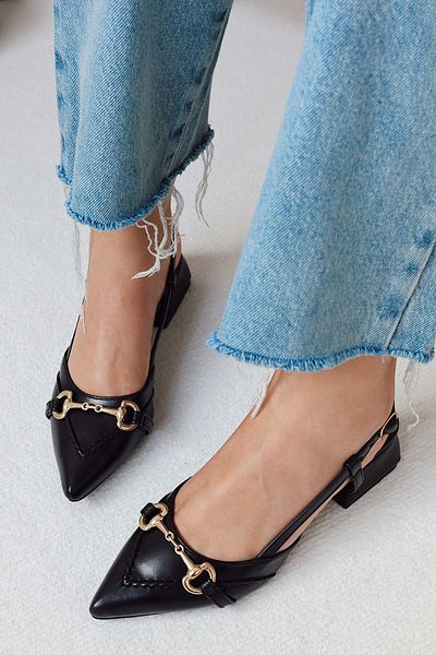 POLKA STORE Madame Saddler Stitching Detailed Gold Metal Buckle Matte Leather Pointed Toe Short Block Heeled Women's Shoes