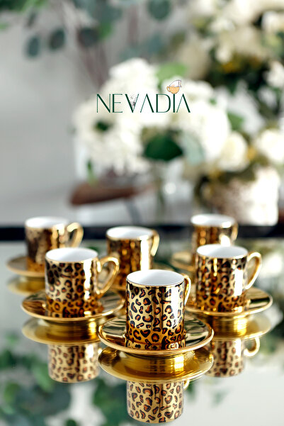 NevaDia 6 Kişilik Gold Leopar Desenli Kahve Fincan Takımı - 90ml