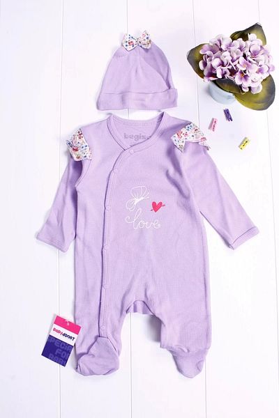 DEFNADA Butterfly Patterned Baby Girl Jumpsuit with Shoulder Detail and Hat