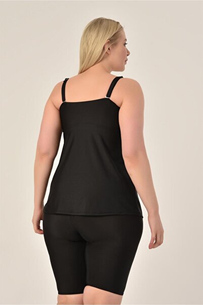 AQUAVİVA Aquaviva Women's Large Size Black Polka Dot Gathering Double Breasted Detailed Tankini with Shorts