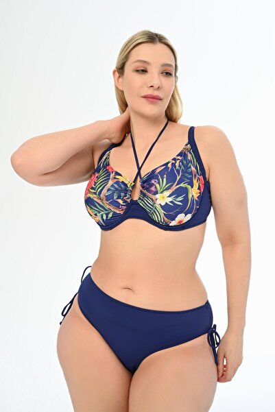 AQUAVİVA Aquaviva Kadın Büyük Beden Lacivert Çiçek Desen Diana Toparlayıcı Sürgülü Bikini Takımı
