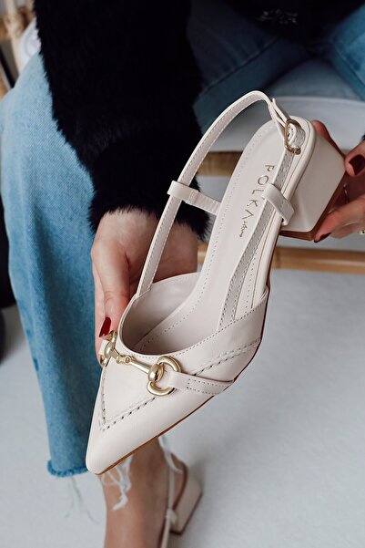 POLKA STORE Madame Saddler Stitching Detailed Gold Metal Buckle Matte Leather Pointed Toe Short Block Heeled Women's Shoes